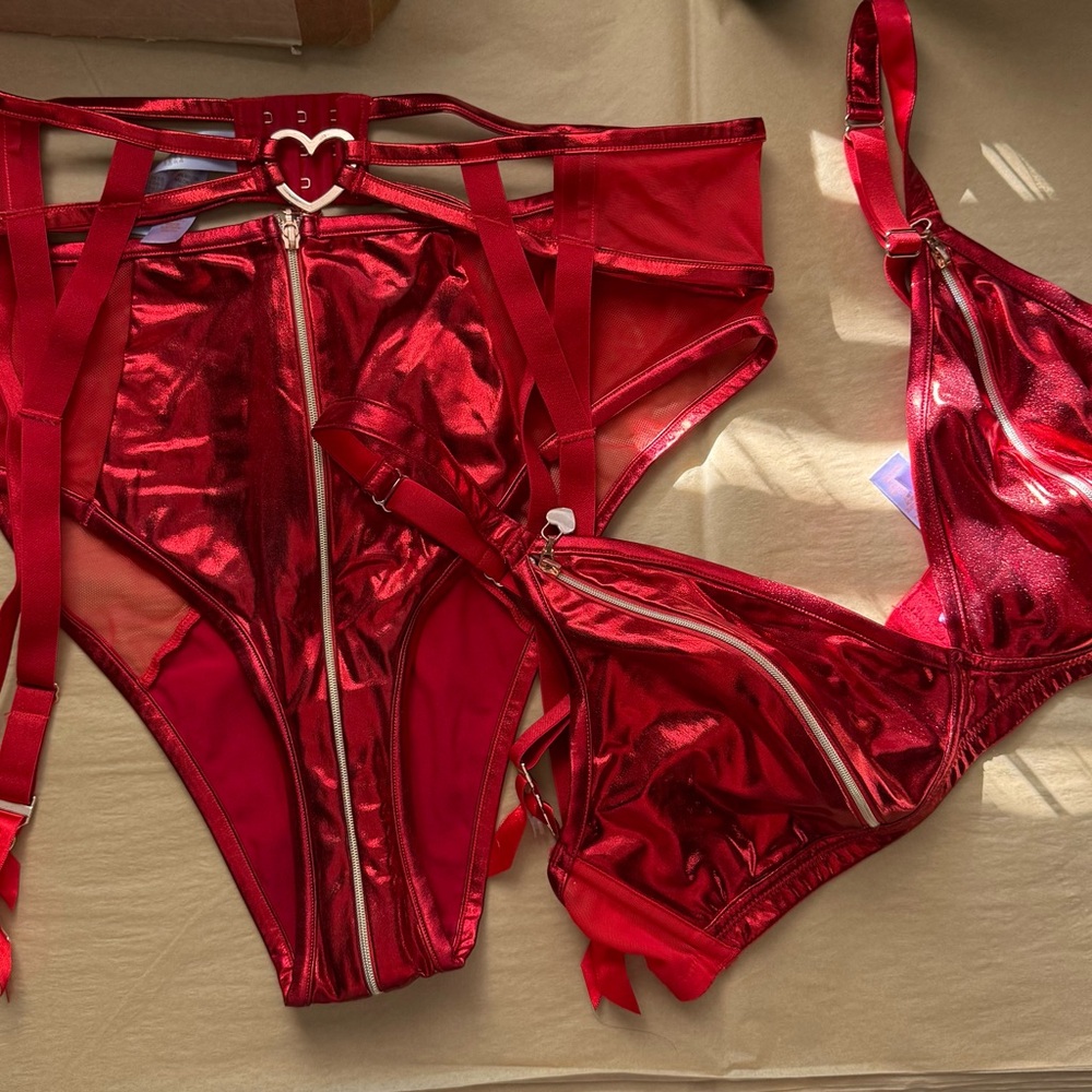 Savage x Fenty Locket Down Goji Berry Red metallic lingerie set